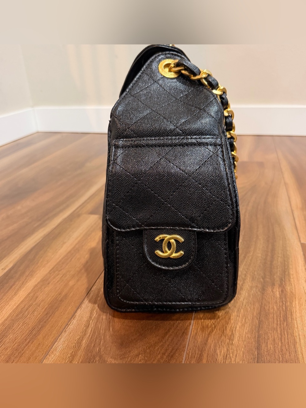 Black Shoulder Bag with Gold Hardware